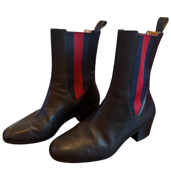 Gucci Karen Black Leather Sylvie Web Accent Chelsea Ankle Boots EU 36 US 6 - Picture 1 of 13